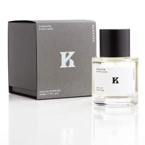 Kingdom Scotland Albaura Eau de Parfum bottle and grey packaging on a white background