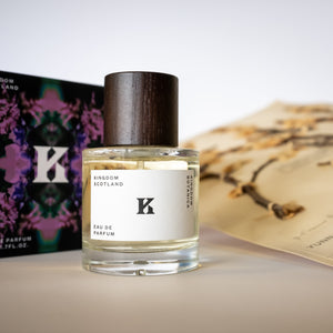 Kingdom Botanica perfume and limited edition box from Kingdom Scotland with dried plum blossom samples from the RBGE